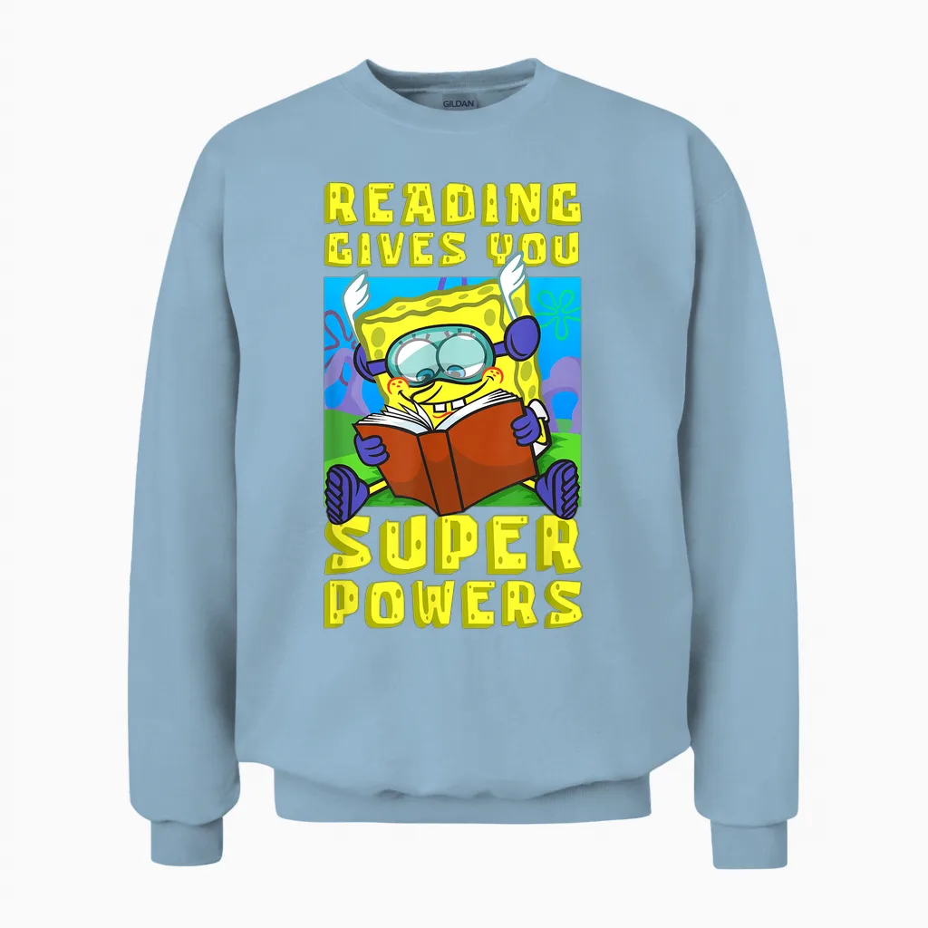 Mademark X Spongebob Squarepants - Spongebob Reading Gives You Super Powers Book Stories Reader Unisex Sweatshirt in Light Blue
