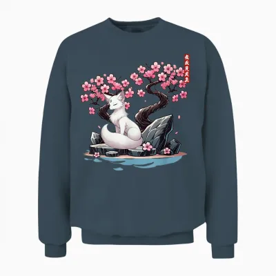 Japanese Kitsune Yokai White Fox Ghost Ukiyo E Sakura Unisex Sweatshirt - Dark Heather