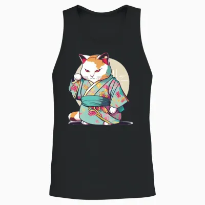 Cat Kimono Unisex Tank Top - Black