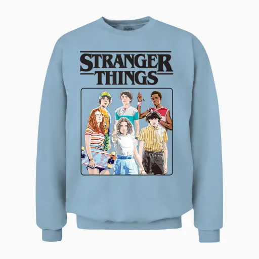 Stranger Things Vintage Eighties Retro Group Shot Title Logo Unisex Sweatshirt in Light Blue