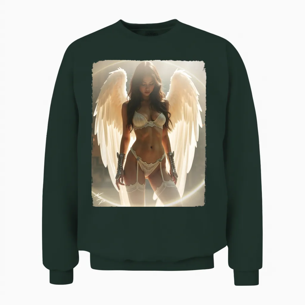 Sexy Brunette Angel Pinup Girl Long Sleeve Print Unisex Sweatshirt in Forest