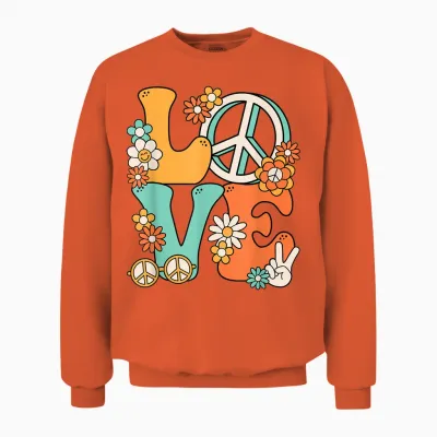 60s 70s Hippie Love Peace Groovy Party Outfit Retro T-Shirt, Black Unisex Sweatshirt - Orange