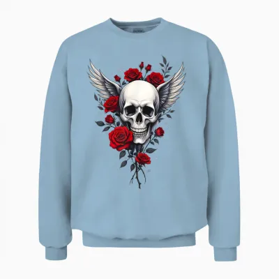 Skull, Wings & Roses Red Skull Gothic Rock Dark Unisex Sweatshirt - Light Blue