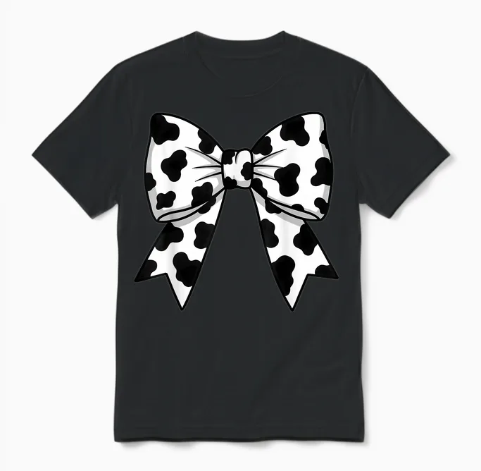 Cute Cow Pattern with Flirtatious Bow for Women and Girls T-Shirt, Black, S Unisex T-Shirt in Black