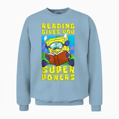 Mademark X Spongebob Squarepants - Spongebob Reading Gives You Super Powers Book Stories Reader Unisex Sweatshirt - Light Blue
