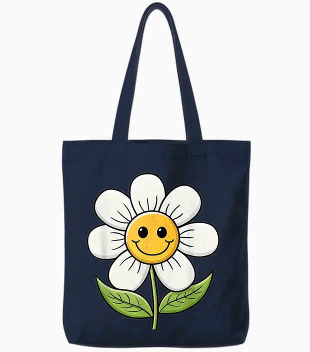 A Funny Flower with Face and Leaves Cheerful Flowers T-Shirt, Black, S Tote Bags in Navy