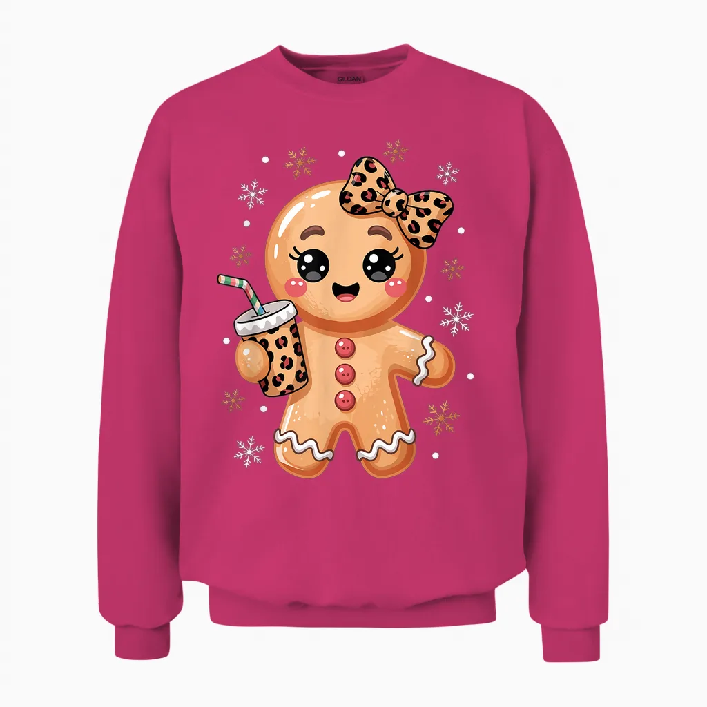 Cute Gingerbread Leopard Coquette Bow Christmas Gingerbread Unisex Sweatshirt in Heliconia