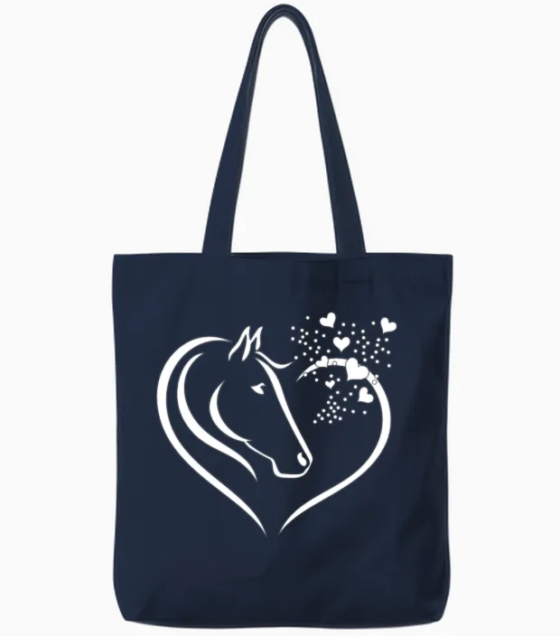 Animal Motif Horses Horse Portrait Heart Gift Tote Bags in Navy