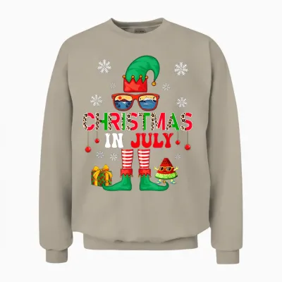 Christmas in July Costume Elf Sunglasses Beach Lover Family Men Women Unisex Sweatshirt - Sand