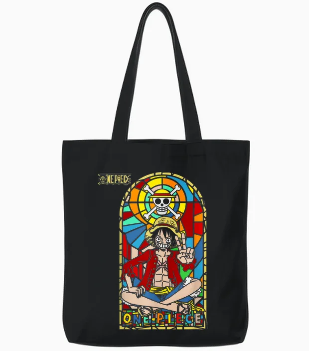 One Piece Anime Monkey D. Luffy Stained Glass Window Tote Bags in Black