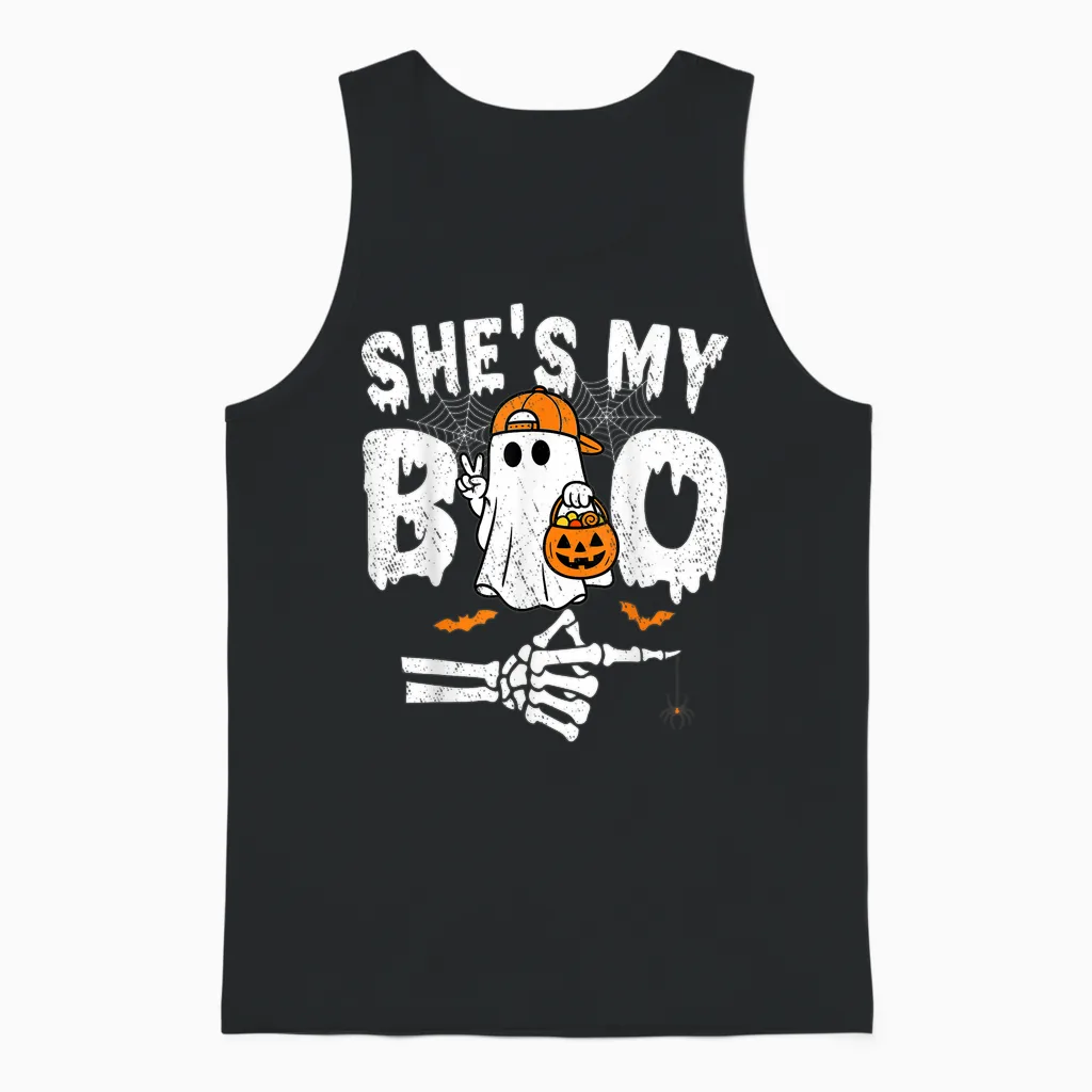 He's My Boo Matching Couple Halloween Couples She's My Boo Unisex Tank Top in Black