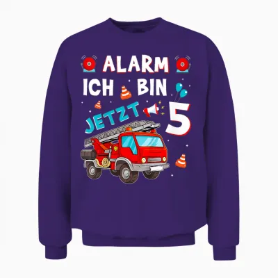 Children's 5th Birthday Boy Girl Fire Brigade Gifts Fire Engine T-Shirt, Black Unisex Sweatshirt - Purple