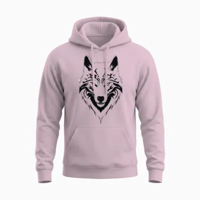 Minimalistic Black Wolf Design Unisex Hoodie - Light Pink
