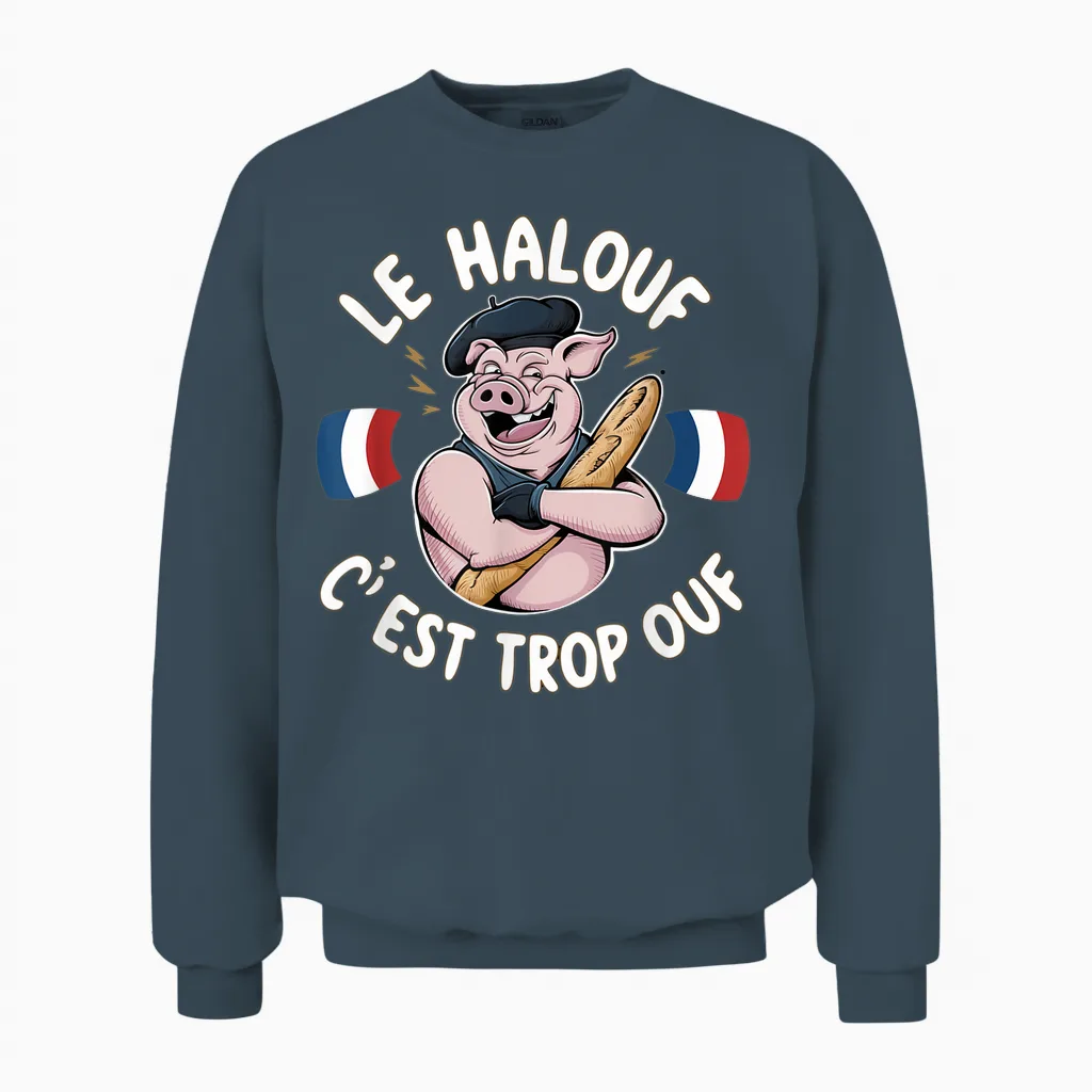 Halouf Trop Ouf Gift Humour Gift France Pig Butcher T-Shirt, Black, S Unisex Sweatshirt in Dark Heather