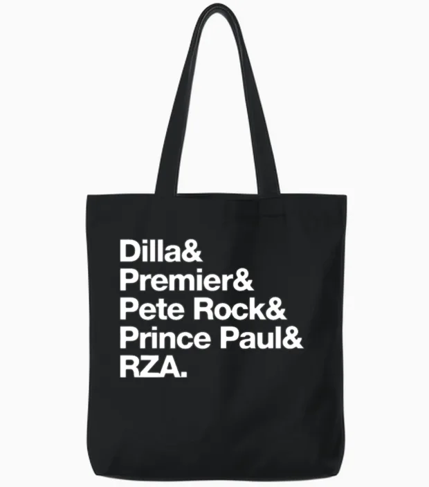 J Dilla Premier Pete Rock Prince Paul Rza Helvetic Tote Bags in Black