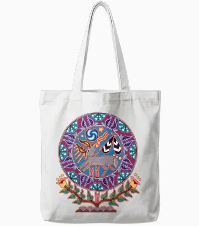Native Huichol Peyote Deer Tote Bags - White