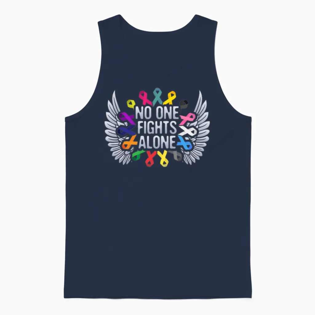 Multi Color Ribbon Cancer Awareness, No One Unisex Tank Top in Navy