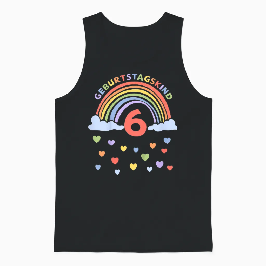 Children's 6 Years Sixth Birthday Rainbow T-Shirt, Black Unisex Tank Top in Black