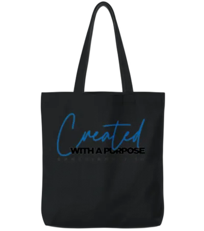 Created with a Purpose (blue) Tote Bags - Black