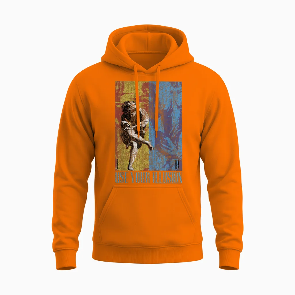 Guns 'n' Roses Double Illusion Rock Music Band T-Shirt, Black Unisex Hoodie in Safety Orange