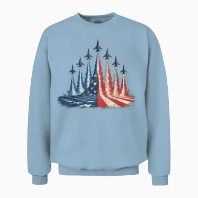 Fighter Jet American Flag 4th of July Unisex Sweatshirt - Light Blue