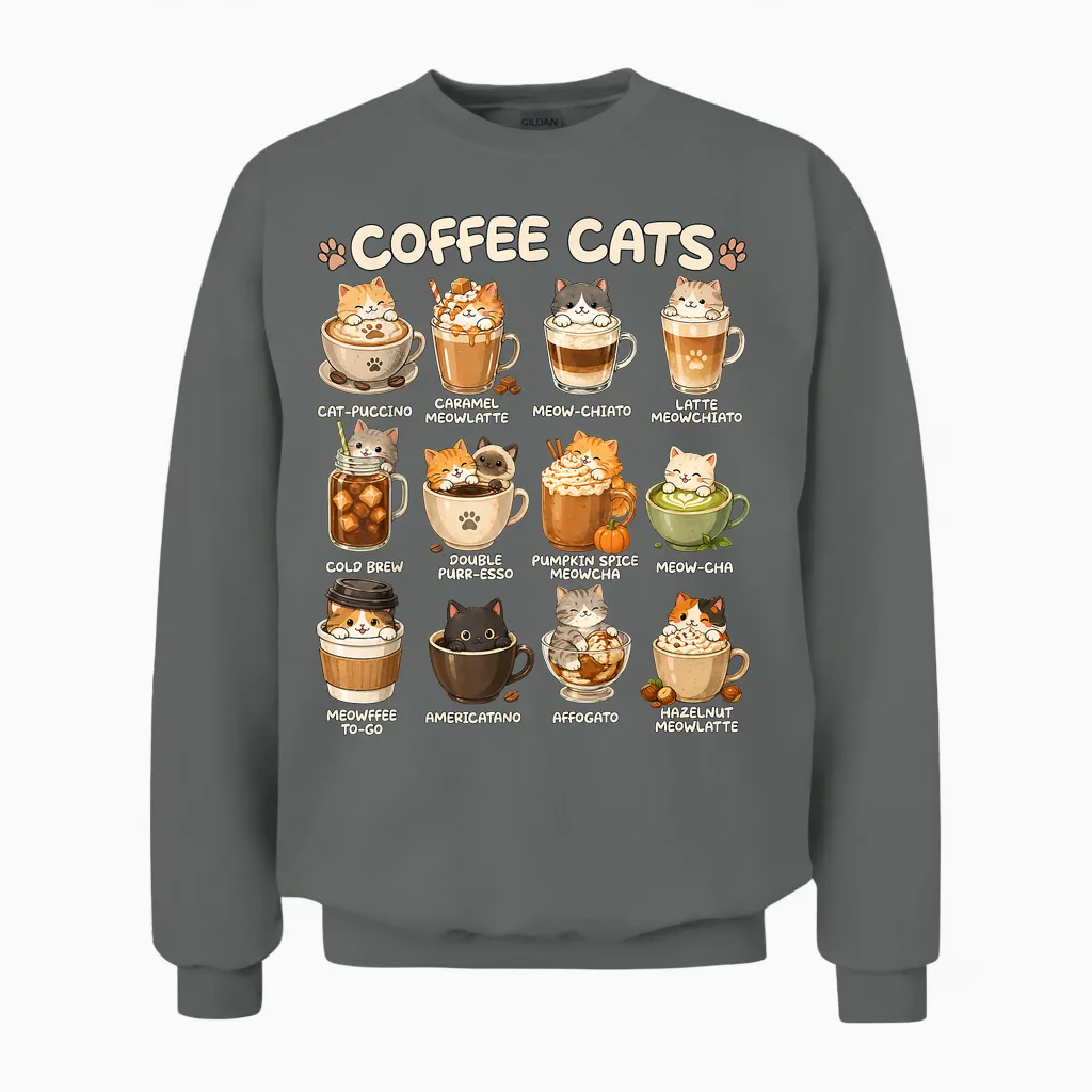 Kawaii Coffee Cats Cappuccino, Niedliches Katzen-Café-Design, Anime-Design Unisex Sweatshirt in Graphite Heather