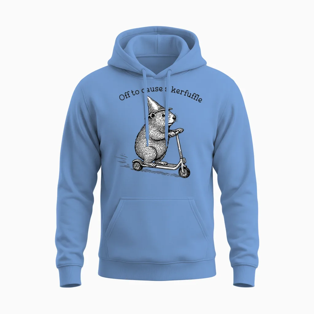 Off to Cause a Kerfuffle Funny Hamster Scooter Chaos Unisex Hoodie in Carolina Blue