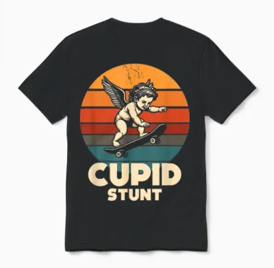 Skateboard Rétro Funny Cupid Stunt Spoonerism Angel Skater Unisex T-Shirt - Black
