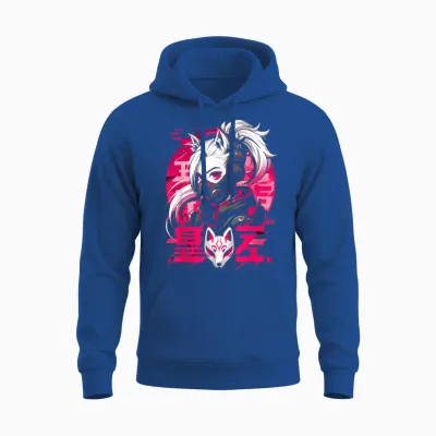 Anime Manga Cyberpunk Aesthetic Techwear Harajuku Kitsune T-Shirt, Black Unisex Hoodie - Royal