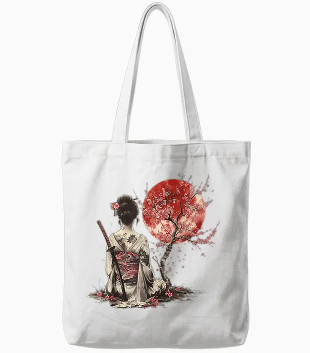 Japanese Samurai Sakura Cherry Blossom Japanese Geisha T-Shirt, Black, S Tote Bags in White