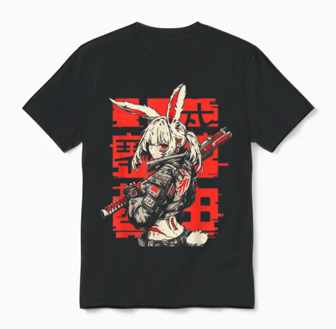 Anime Manga Cyberpunk Aesthetic Techwear Harajuku Bunny Girl T-Shirt, Black Unisex T-Shirt in Black