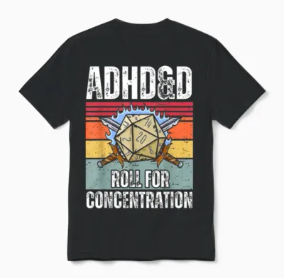 Retro Vintage Adhd&d Roll for Concentration Funny Gamer Unisex T-Shirt - Black