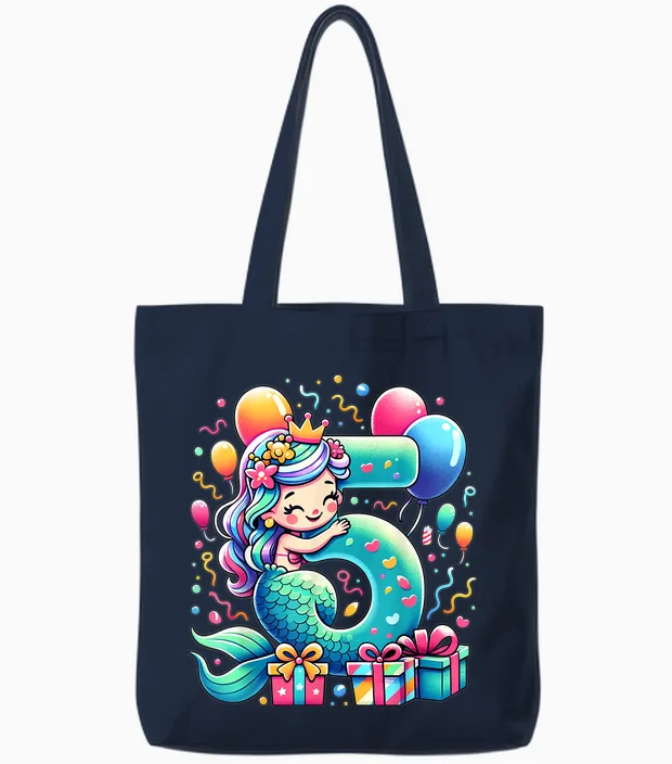 Kids Mermaid Theme 5th Birthday Party 5th Mermaid Birthday T-Shirt, Black Tote Bags in Navy