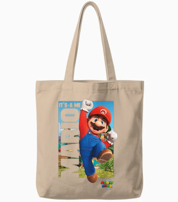 The Super Mario Bros. Movie It's-A Me Mario Poster T-Shirt, White Tote Bags in Natural