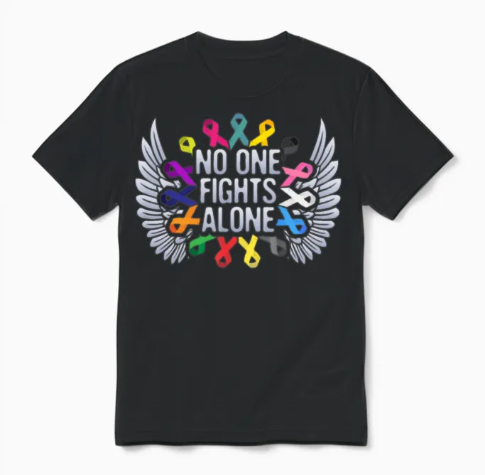 Multi Color Ribbon Cancer Awareness, No One Unisex T-Shirt in Black