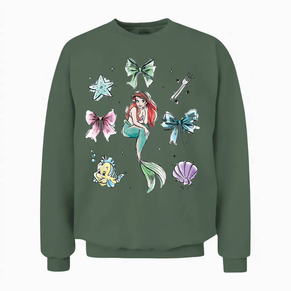 Disney the Little Mermaid Essentials Watercolor Chest Logo Unisex Sweatshirt in Military Green