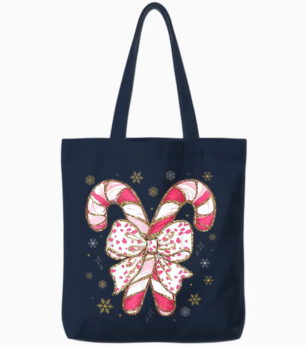 Cute Pink Coquette Bow Candy Cane Christmas Girls Women Tote Bags in Navy
