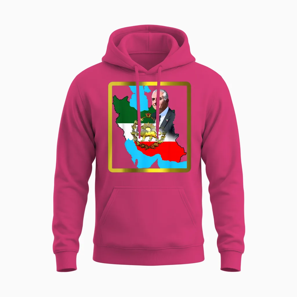 Iran's Flag with Golden Lion and Sun with King Pahlavi T-Shirt, Black Unisex Hoodie in Heliconia