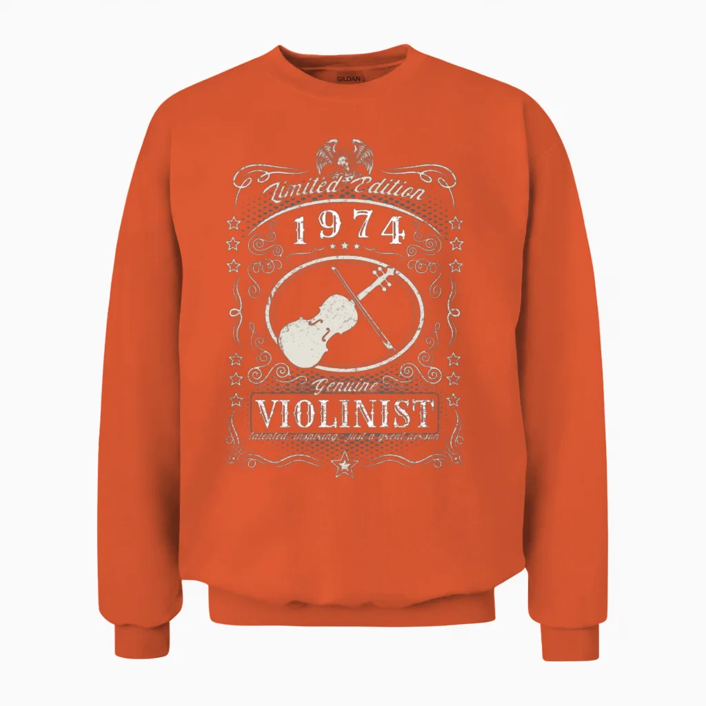 Vintage 1974 Violinist Birthday Gift Violin Player Unisex Sweatshirt in Orange