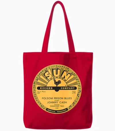 Sun Records Johnny Cash Folsom Prison Blues Vinyl T-Shirt, Black Tote Bags - Red