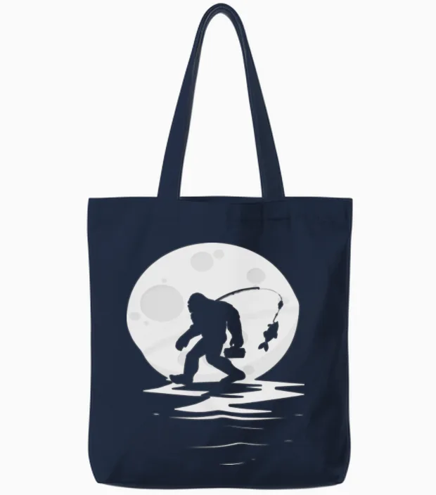 Bigfoot Fishing Funny Tote Bags in Navy