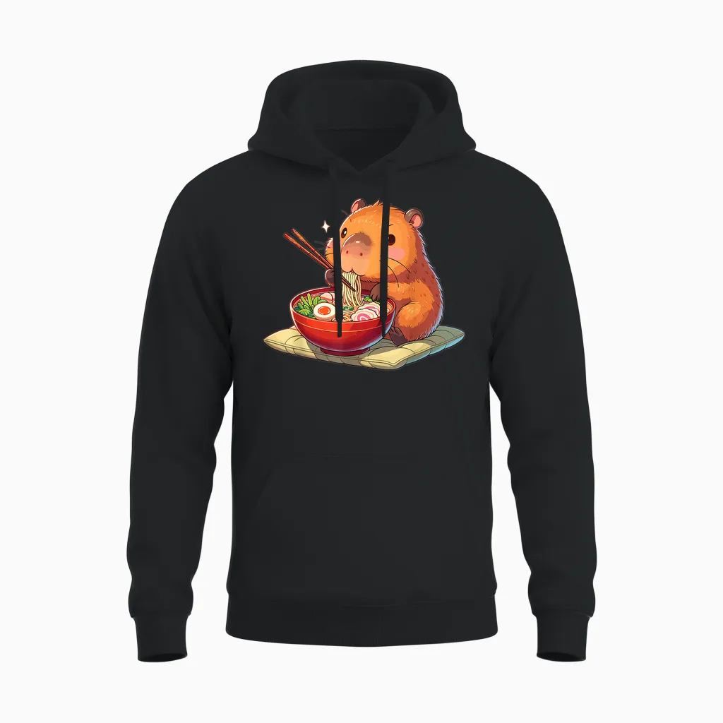 Cute Capybara Eats Ramen Noodles Capybaras Ramen T-Shirt, Black Unisex Hoodie in Black