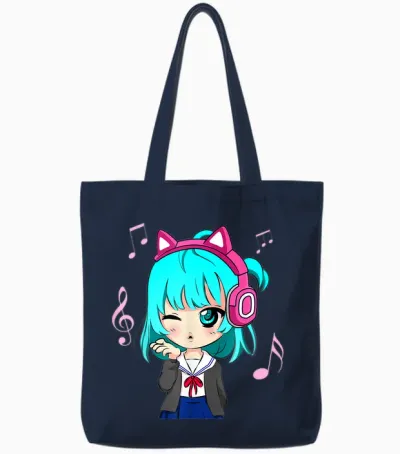 Anime and Music Girl for Teen Chibi Graphic Anime Girl T-Shirt Small Tote Bags - Navy