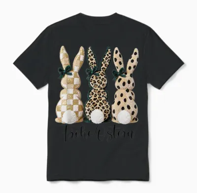 Frohe Ostern Hasen Vintage Leo Karo Punkte Print Oster Deko Unisex T-Shirt - Black