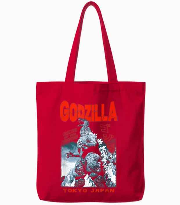 Godzilla King of the Monsters Tokyo Japan Red Text Movie Tote Bags in Red