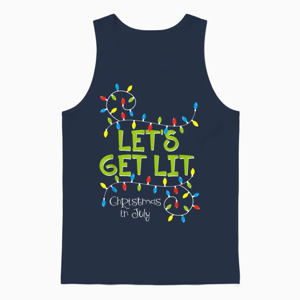Funny Let's Get Lit Christmas in July Shirt Summer Lights Unisex Tank Top in Navy