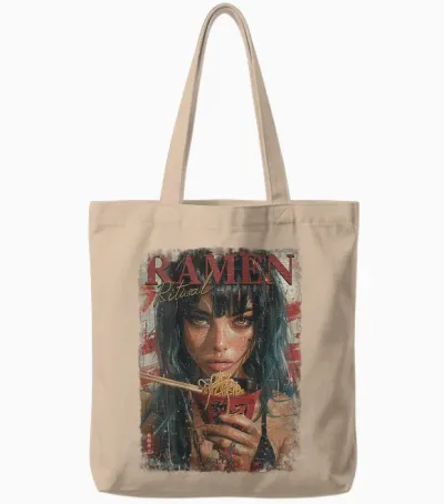 Backprint Pin-Up Girl Ramen Noodle Anime Manga Asian Ramen T-Shirt, Black Tote Bags - Natural