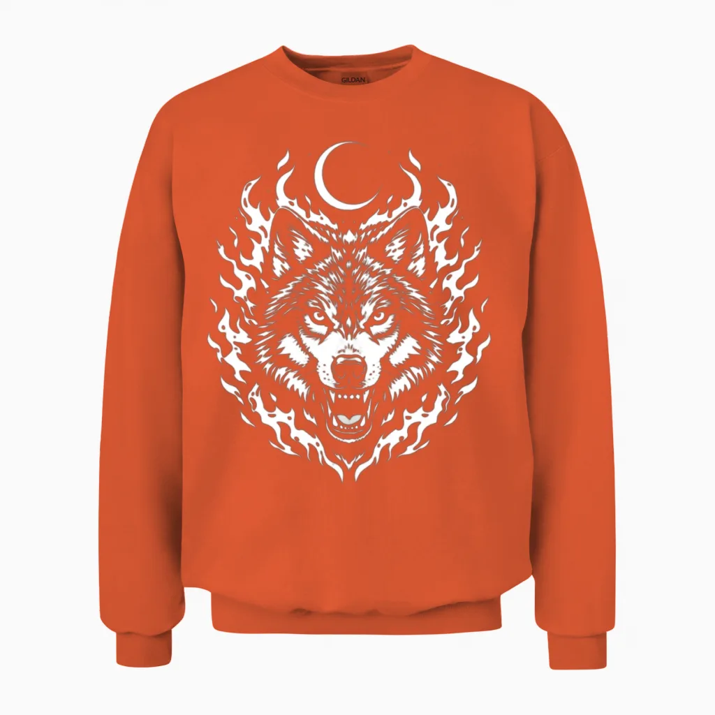 Lupine Flame Moon Wolf - Wildlife Unisex Sweatshirt in Orange
