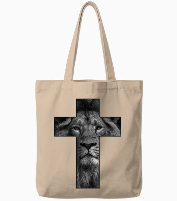 T-Shirt « Faith in God » Avec Motif TĂȘte De Lion Et Croix De JĂ©sus Tote Bags in Natural