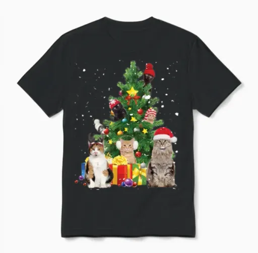Christmas Tree Cats - Cat Christmas Unisex T-Shirt in Black